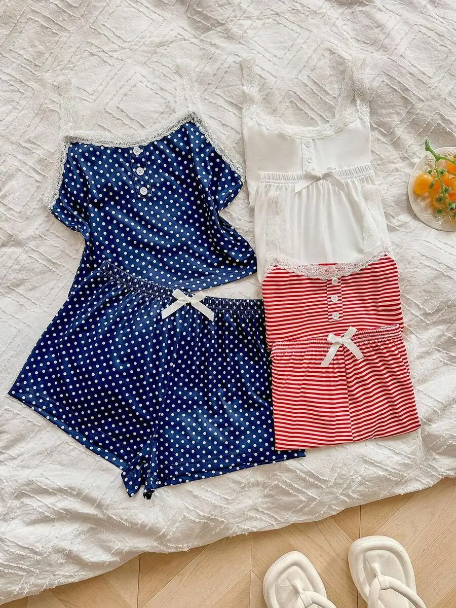 6-Piece Womens Pajama Set: Polka Dot, Red Stripe & White Lace-Trim Camisoles With Bow-Decorated Elastic Shorts
