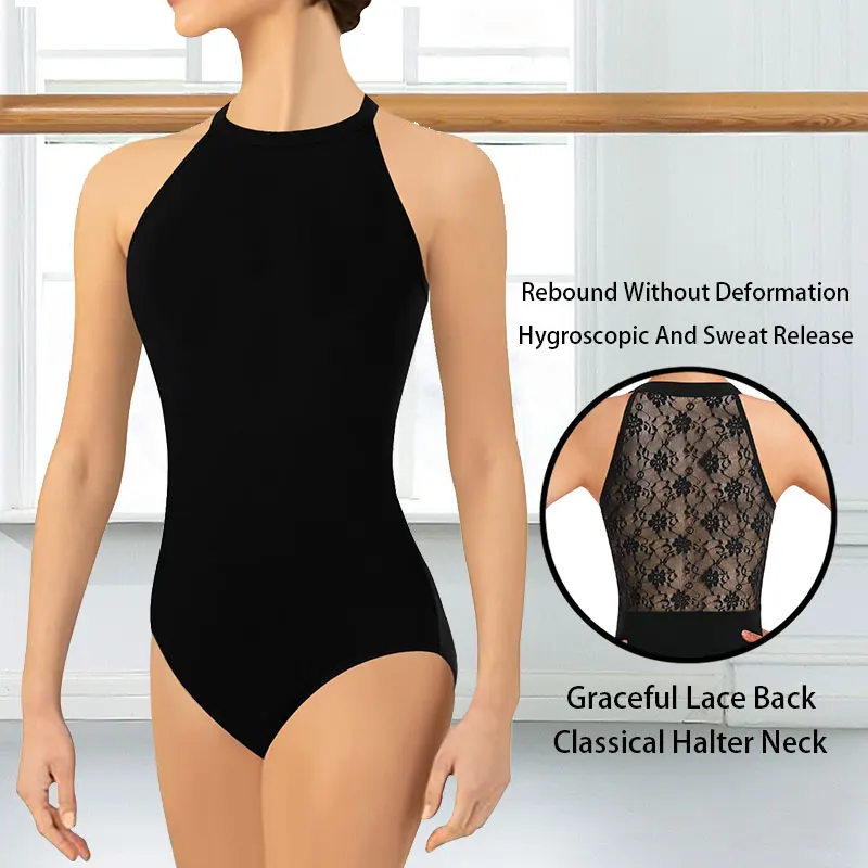 Women's Black Dance Leotards for Ballet Top Dancewear, Classical Halter Neck,Graceful Lace Back,Soft Chest Lining Ballet Clothes