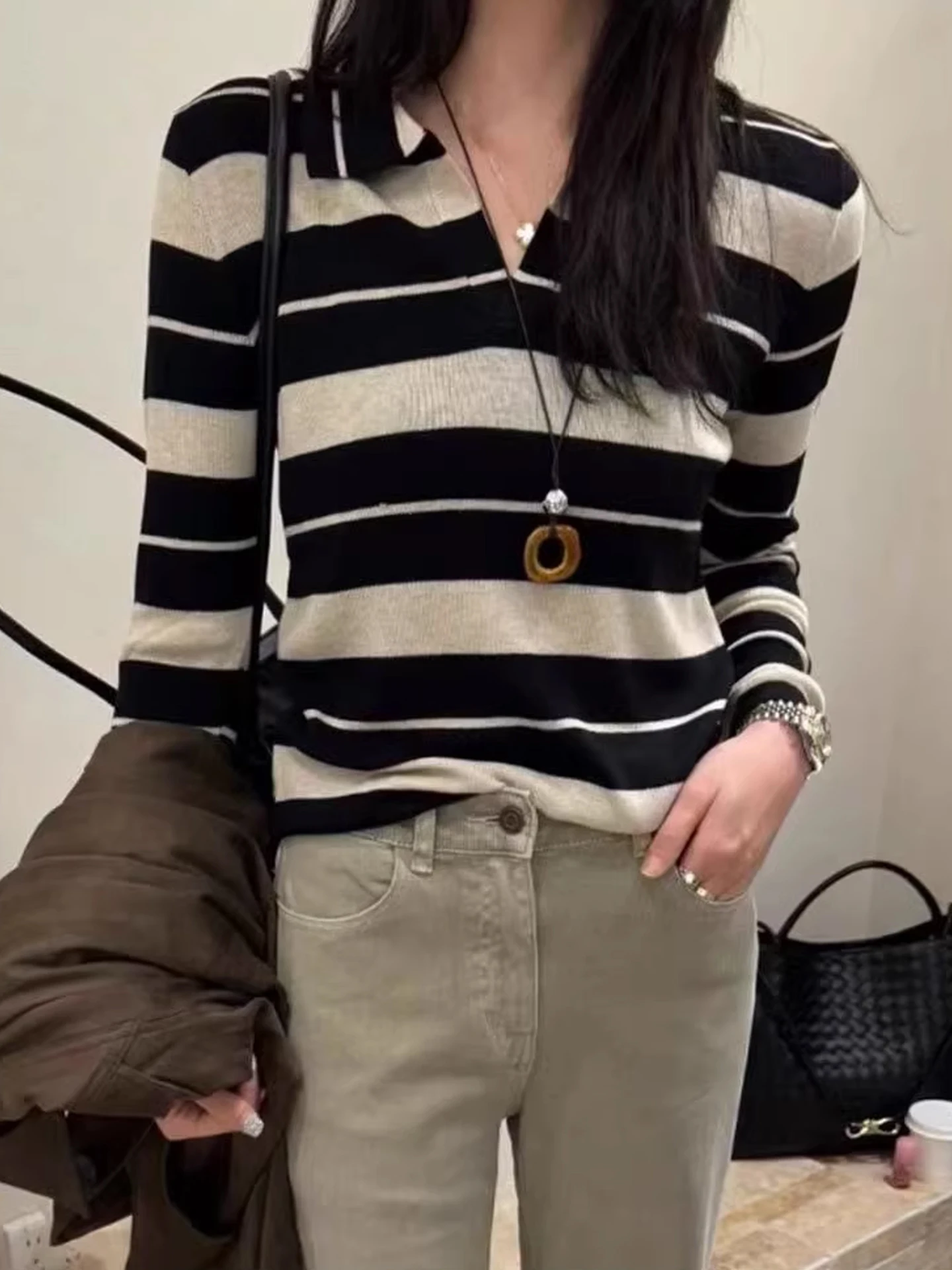 

Retro Color Blo Knitwear Long Sve Unique Chic Casual Striped Slimming Base irt Autumn Winter Commute Sle Regular Fit