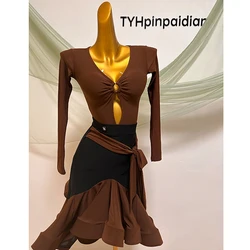 Latin Dance Clothes Women Long Sleeves Brown Tops Fishbone Skirt Adult Practice Wear Rumba Samba Ballroom Dance Dress DNV19014