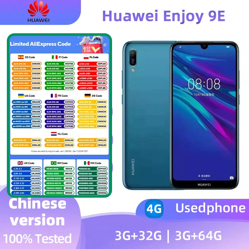 Huawei Enjoy 9e 4g Android 6.088 Inch Screen CPU MediaTek P35 3020mAh Battery Google Unlockedf Used Phone