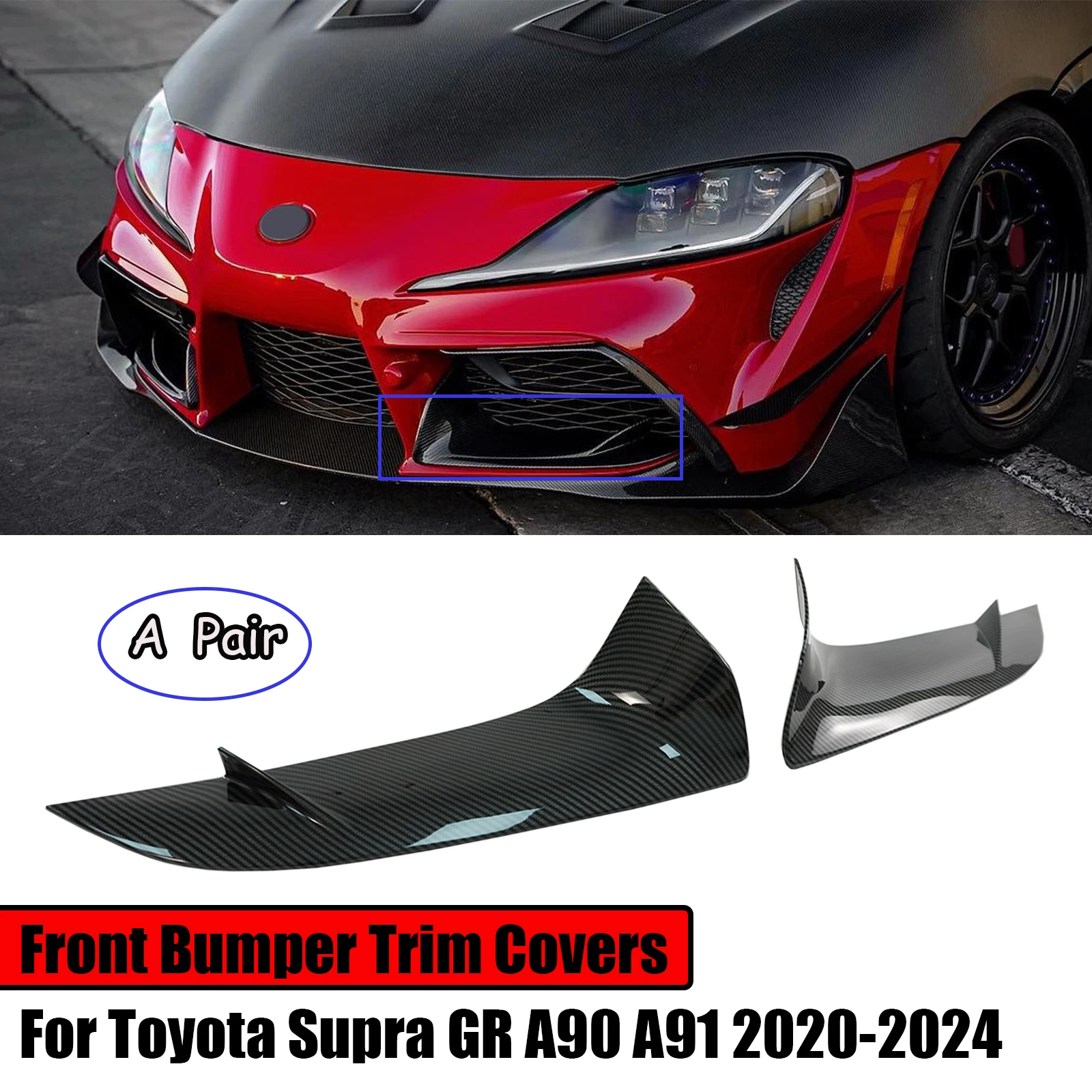 Пара для Toyota Supra GR A90 A91 2020-2024, накладки на передний бампер, глянцевый черный/углеродное волокно, автомобильные аксессуары, комплект кузова Пара для Toyota Supra GR A90 A91 2020-2024, накладки на передний бампер, глянцевый черный/углеродное волокно, автомобильные аксессуары, комплект кузова