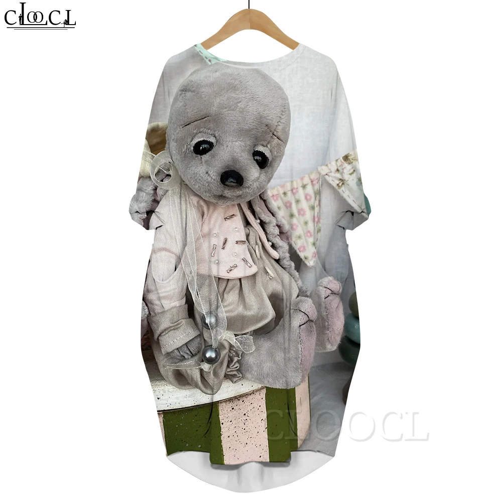 CLOOCL Kawaii Dress Plush Toy Rabbit Graphics 3D Printed Casual Long Sleeves Pocket Knee-length Oversized Dresses Spring Summer