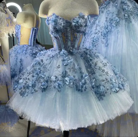 Robes de Rhcourtes princesse bleu ciel, broderie florale 3D, corset à lacets, zones gonflées, robe de soirée, chérie