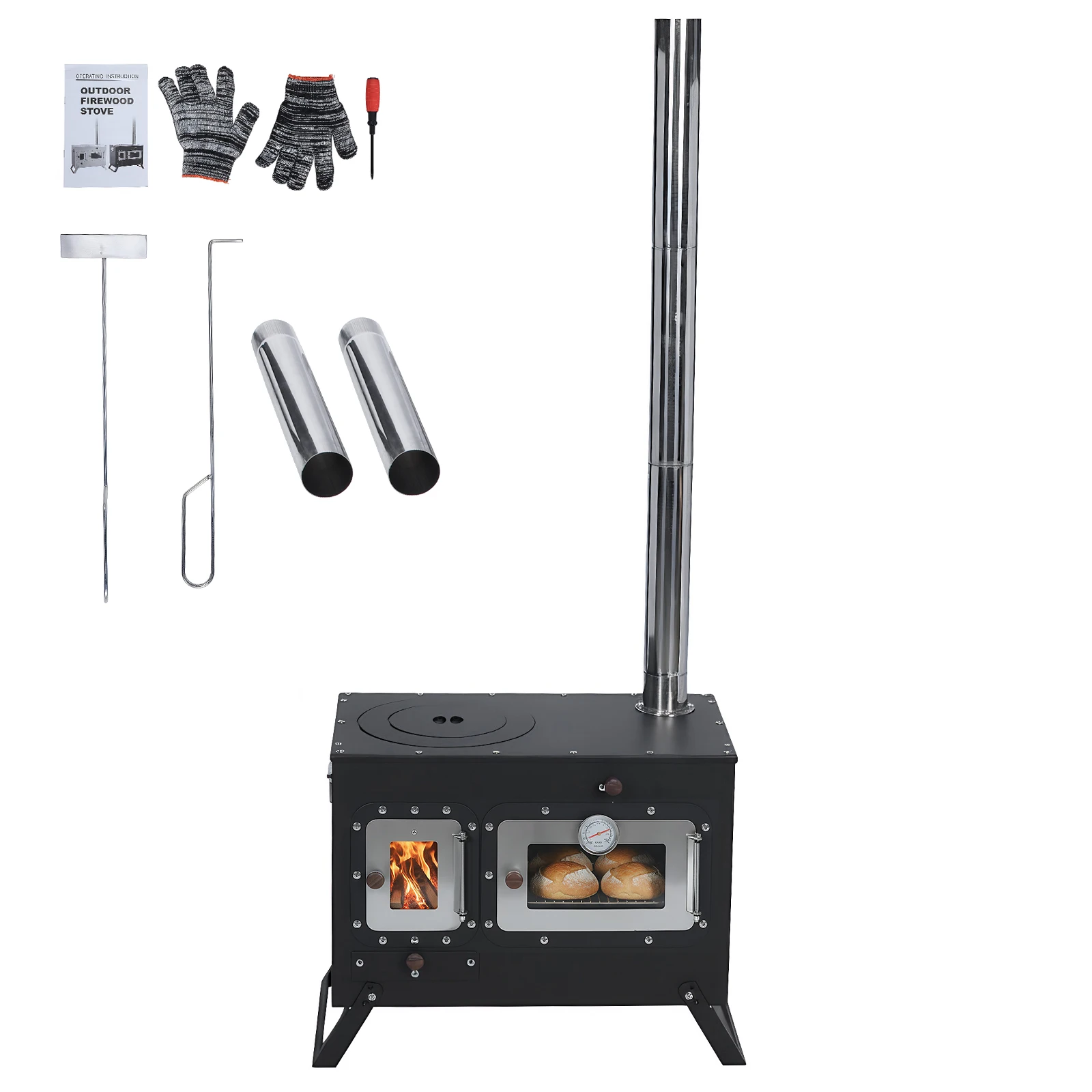 

Wood Stove with Chimney Pipe Portable Wood-Burning Camp Stove with Oven for Outdoor Heating & Cooking Ice Fishing Hunting