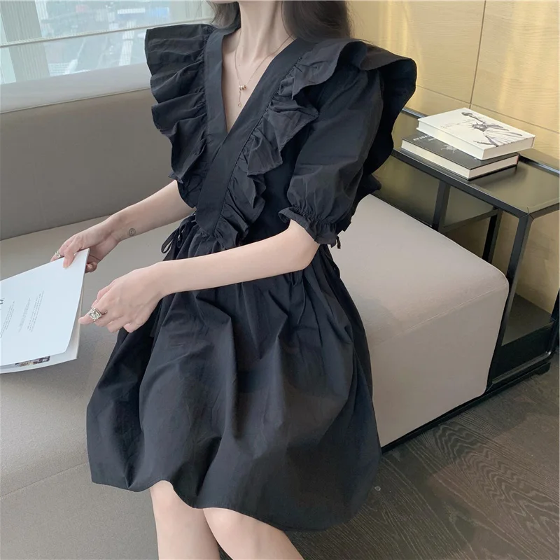 Dresses Women Ruffles A-line Midi Preppy Sweet Cute French Style Retro Ladies Summer Leisure Chic Vacation New Vestidos Design