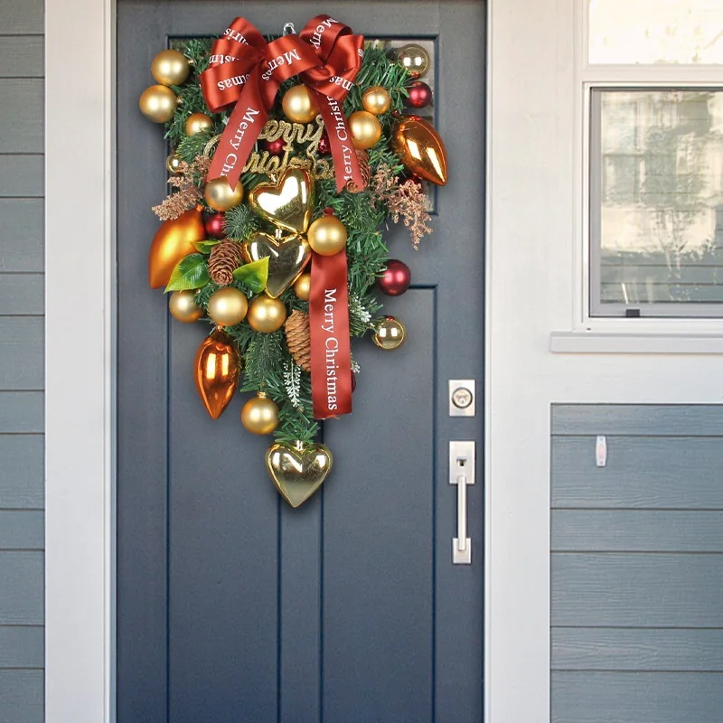 Bow hanging upside down tree heart shaped colorful ball flower wreath door