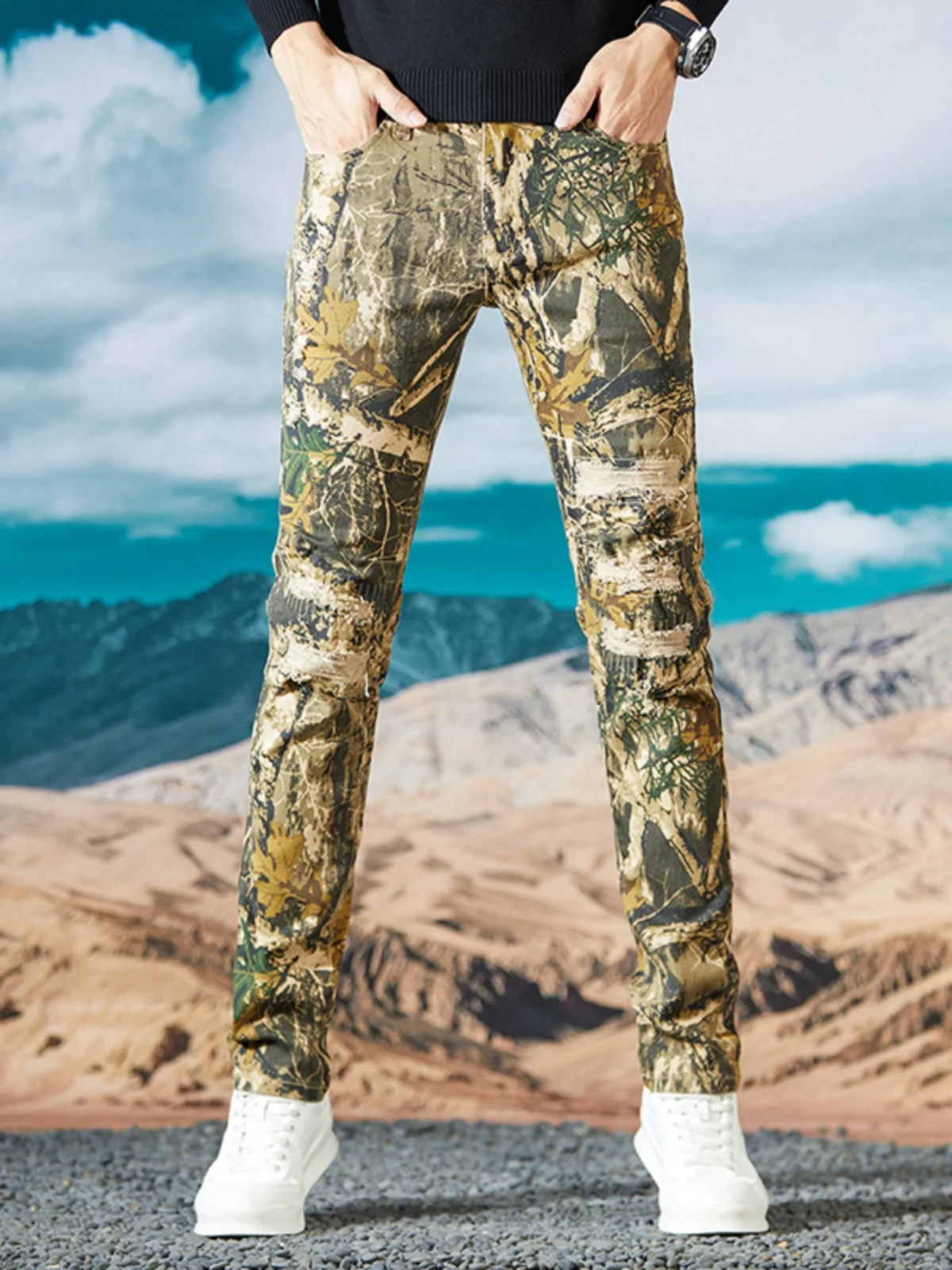 

Retro American Camouflage Denim Jeans Men's Autumn Small Straight Tube Hole Patched Motorcycle Pants Youth Trendy Long Jeans
