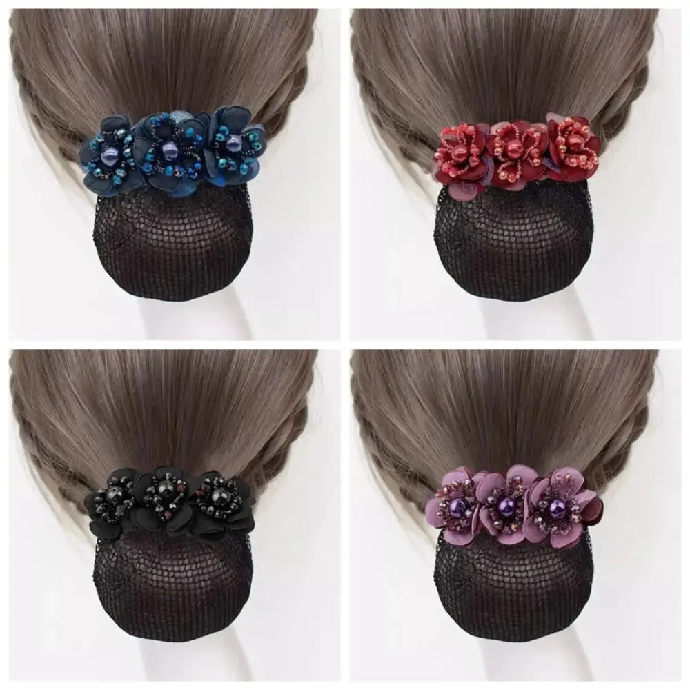 Cloth Hair Bun Net Korean Style Pearl Flower Decor Spring Hair Clip Elastic Hair Net Spring Clamp Hair Bun Holder Daily