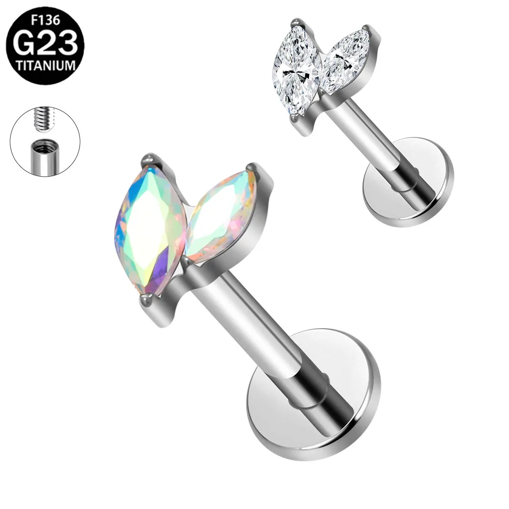 

ASTM F136 Titanium Leaf Ear Studs CZ Pave Cartilage Earrings Tragus Helix Lip Tongue Piercing Flat Back Labret Body Jewelry