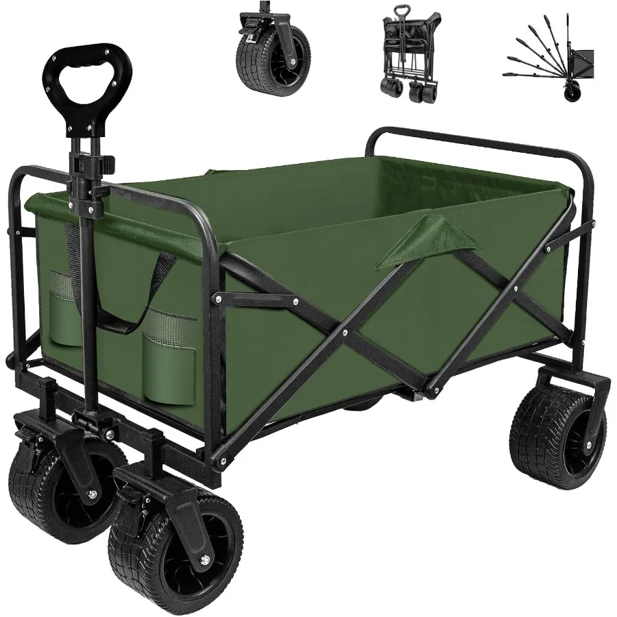 SZHLUX Collapsible Foldable WagonBeach Wagon with Big Wheels for Sand Utility Grocery Wagon with Side Pocket and Brakes for Cam