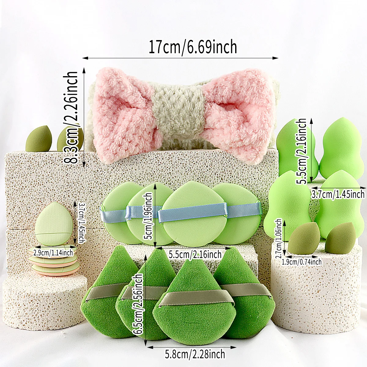 Set di pennelli per trucco da 36 pezzi con spugna di bellezza, soffio per cuscino e fascia per capelli, pacchetto di borse cosmetiche verdi per truccatori professionisti