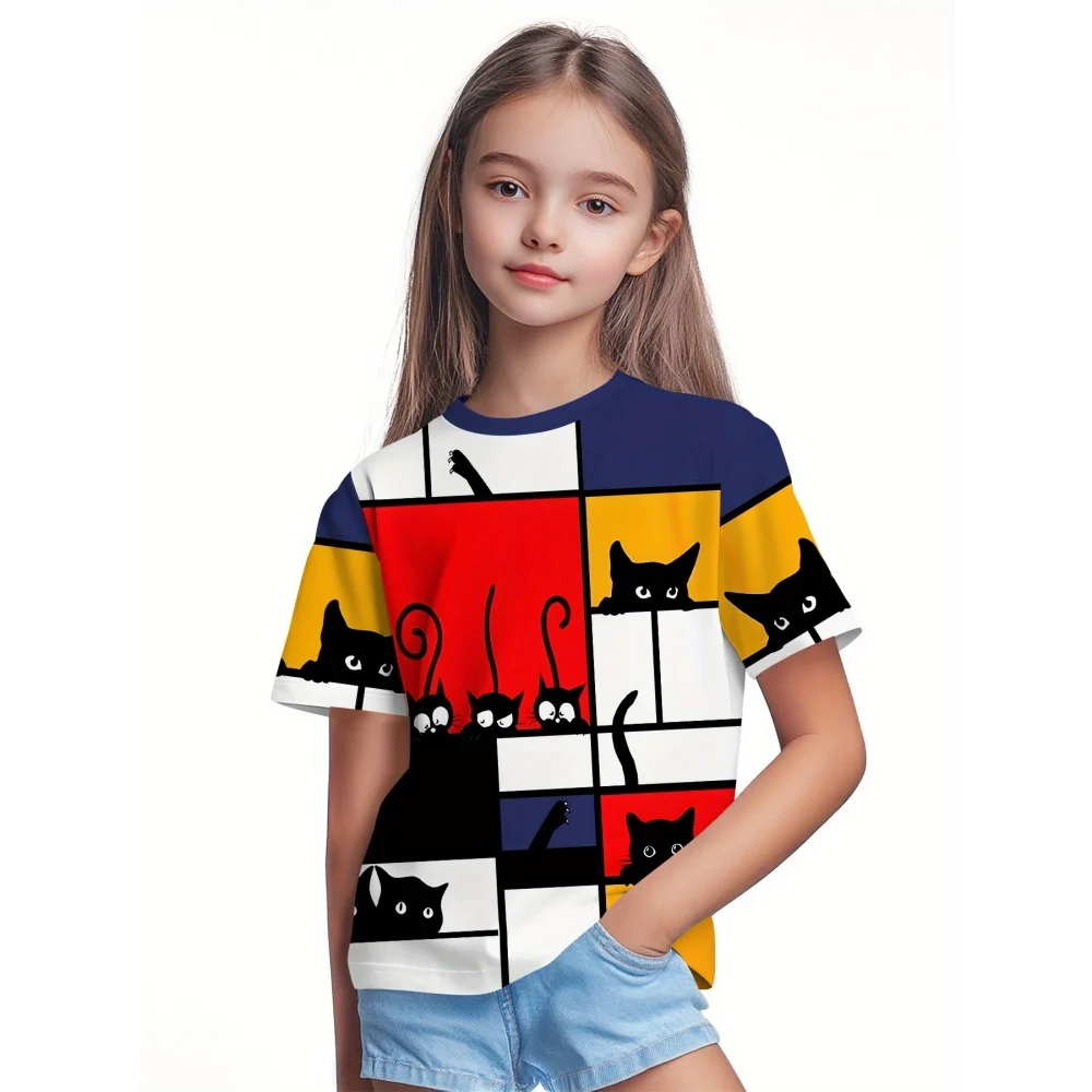 Kinderkleidung Mädchen 3D Graffiti Schwarze Katze Kurzarm Sommer Top Niedlich Lässig O-Ausschnitt Mehrfarbig Spritzer Kinderkleidung Mädchen – Detail 4