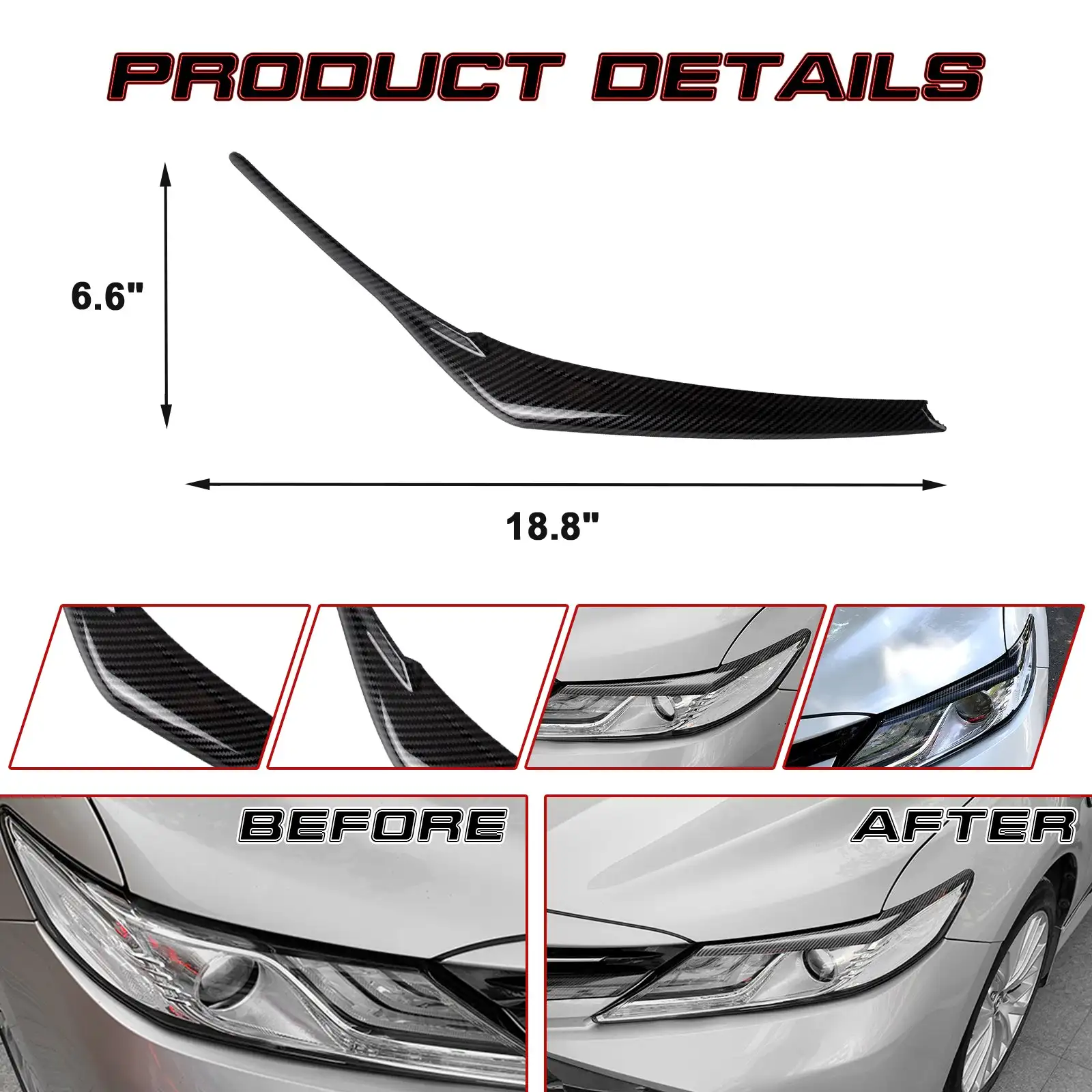 2pcs Carbon Fiber Style Front Headlight Headlamp Eyelid Eyebrow Edge Strip Cover For Toyota Camry 2018 2019 2020 2021 2022 2023