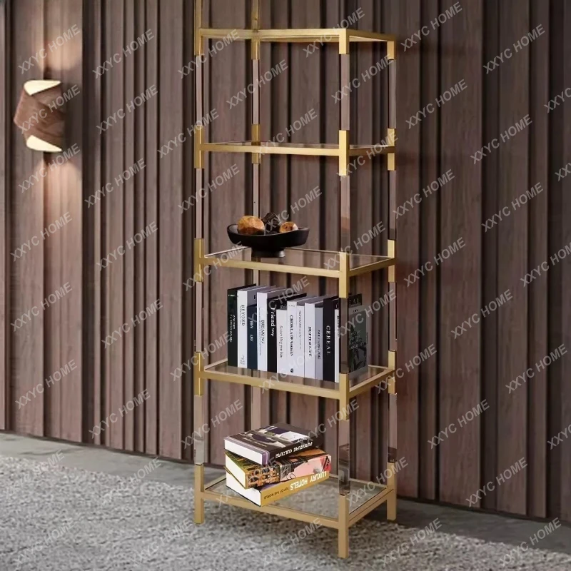 

Легкая роскошная акриловая напольная книжная полка, прозрачная полка для дома из закаленного стекла и нержавеющей стали.