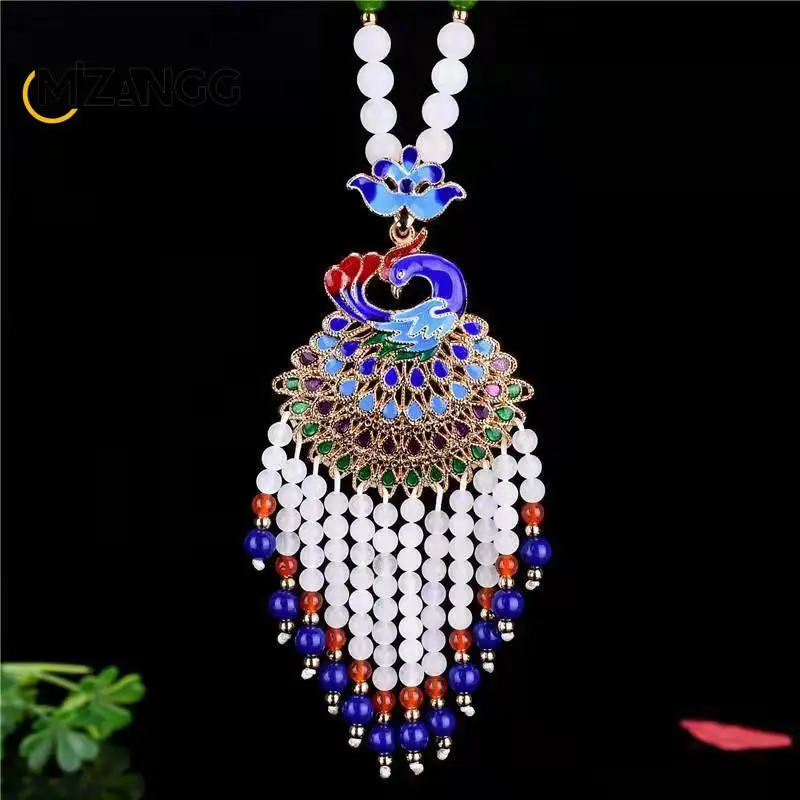 

Natural GoldSilk Jade Pendant Peacock Open Screen Sweater Chain Women's White Jade Necklace National Style Retro Fashion Jewelry