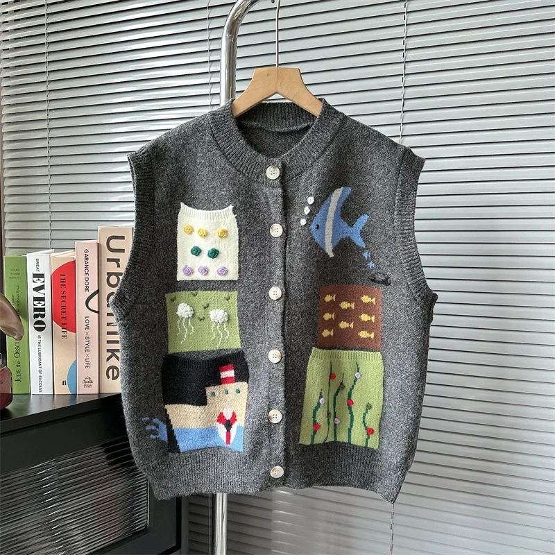 Hikigawa Japanese Cartoon Women Sweaters Vest Autumn Korean O Neck Sleeveless Knitted Dardigan Chic Fashion All Match Jumpers