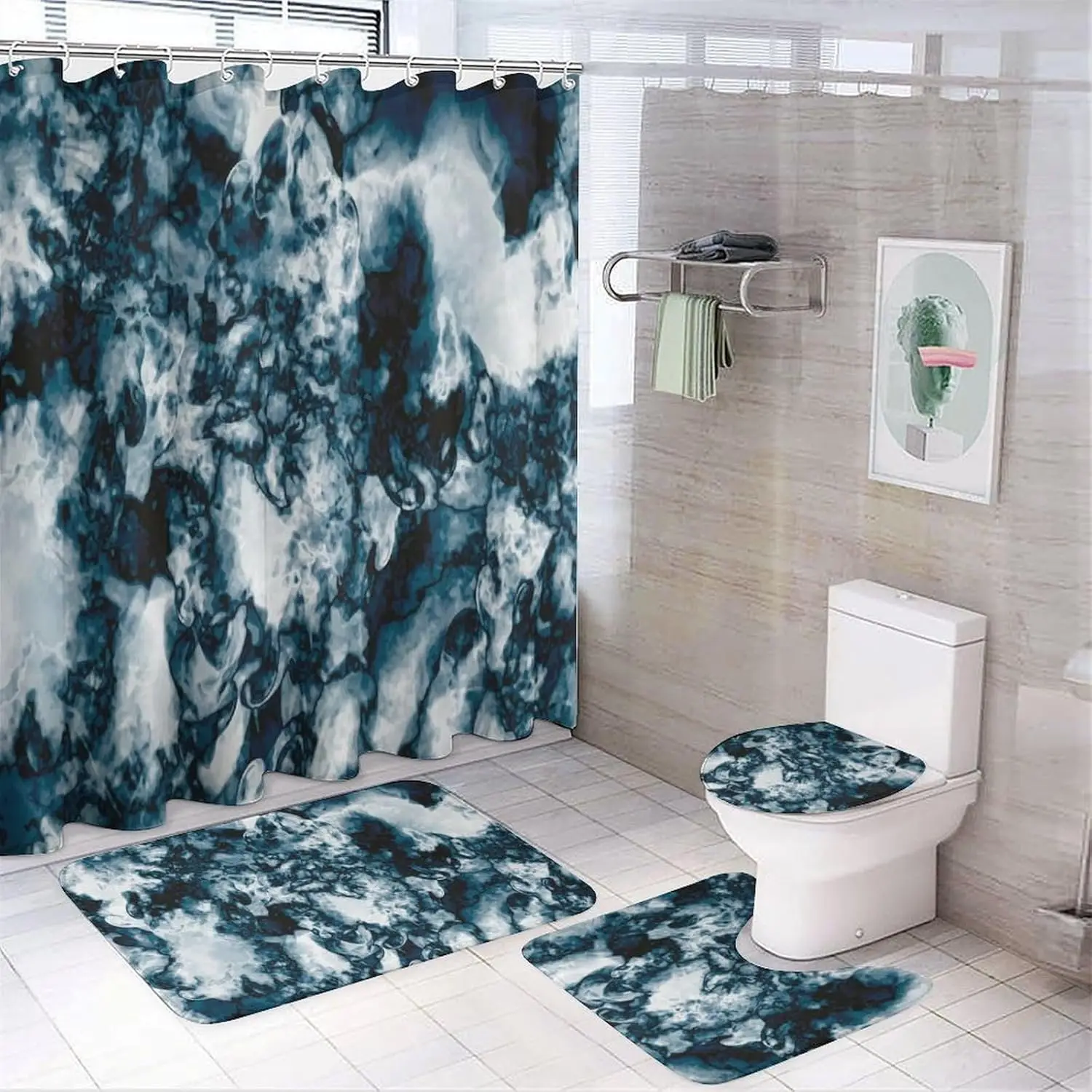 

Marble Pattern Decorative Shower Curtain Set, Home Decoration with 12 Hooks, Non-slip Bathroom Rug, Toilet U-shaped Mat, Toilet