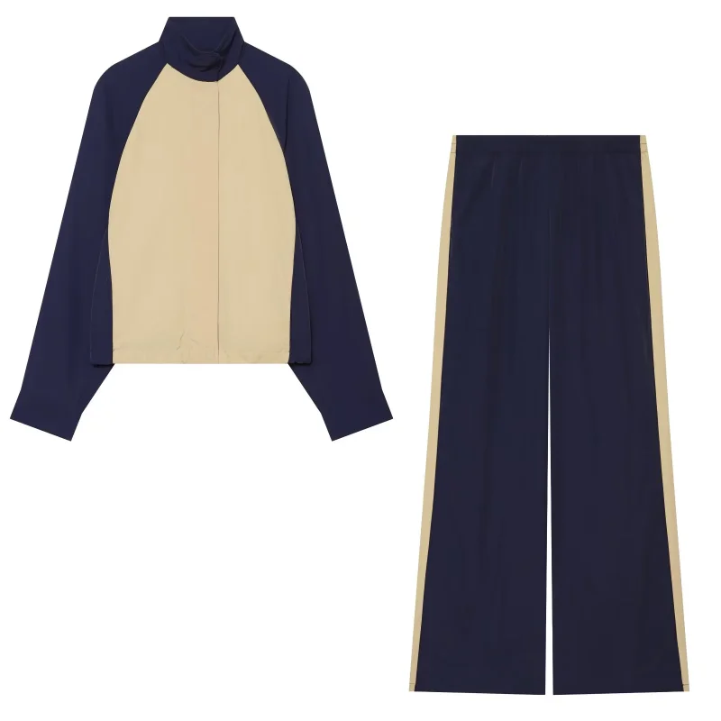2026 Autumn New Women Color Block Tech Fabric Tracksuit Stand Collar Zip Jacket & Side Stripe Wide Leg Pants 2 Piece Outfit Set