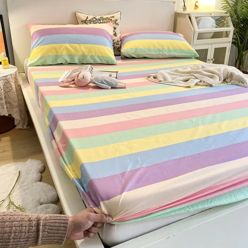 Rainbow Fitted Sheet Set, Colourful Striped Bedding Comfy, Home Art Decoration with Elastic Band Mattress Cover for Kids Girls