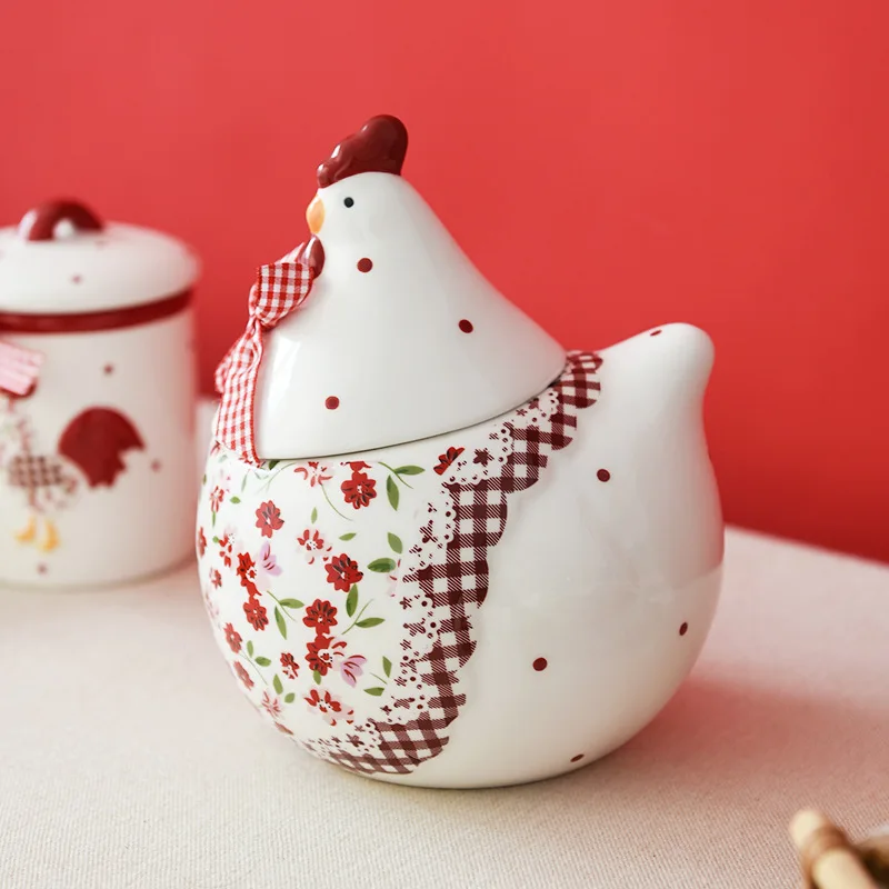 Tableware Red Floral Chicken Ceramic Sealed Jar Ceramic Storage Jar Creative Chicken Shaped Storage Jar Easter