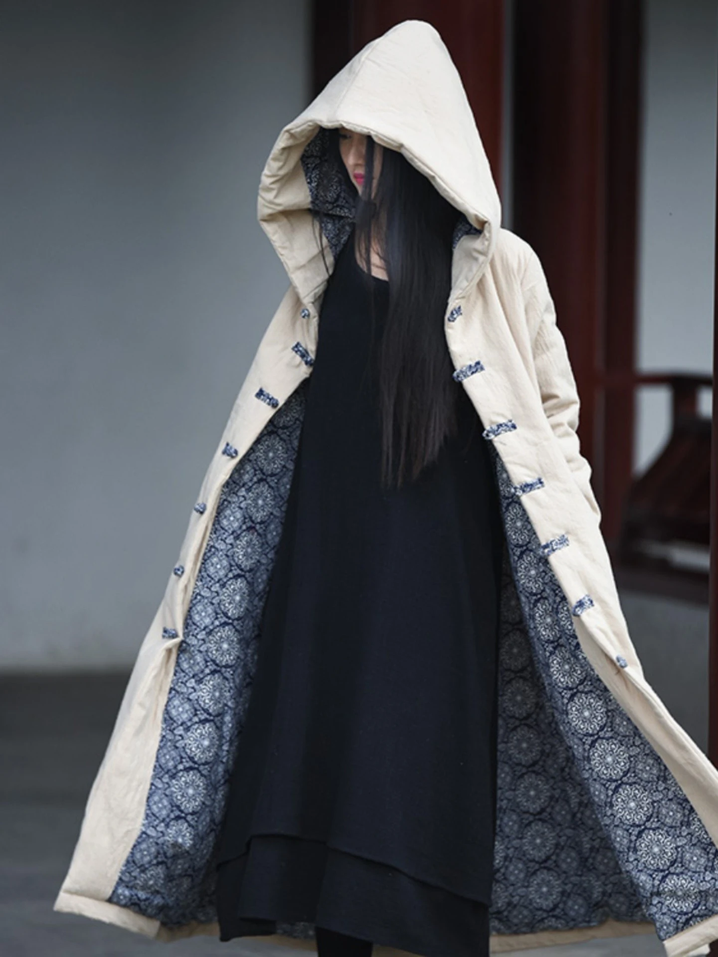 Women's Thickened Cotton Coat Winter Long Sleeve Hooded Cloak Warm Retro Style Cotton Linen Blend Outerwear Straight Cut