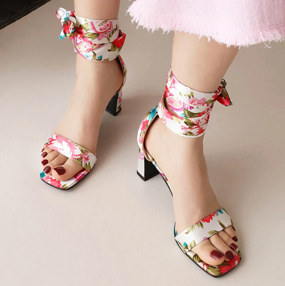 bohemian style Cross ankle strap Sandals Women flower Satin Pumps Summer Lady casual vacation shoes Party Dancing 8cm High heels