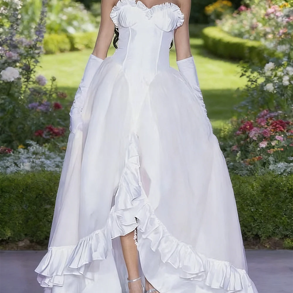 Graceful Sweetheart Ruffles Sleeveless A-Line Astmmetrical Bride Wedding Dresses Bridal Gowns Customized
