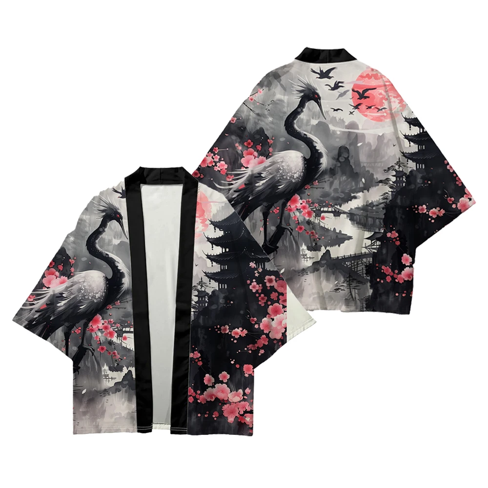 

Crane Graphic Traditional Japanese Men's Kimono Harajuku Style Cosplay Samurai Haori Outdoor Casualu Unisex Classic Cardigan