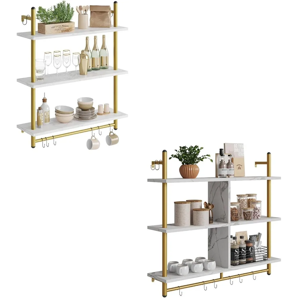 أرفف المطبخ العائمة ذات الأنابيب العائمة، حزمة من 3 طبقات، رخام أبيض #1