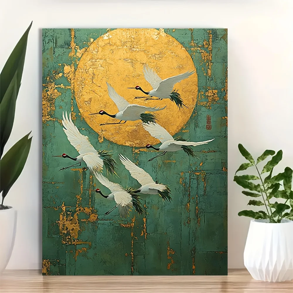 Abstract Red-crowned Cranes and Golden Moon Poster Prints Japan Art Canvas Painting Wall Art Picture for Living Room Home Dec