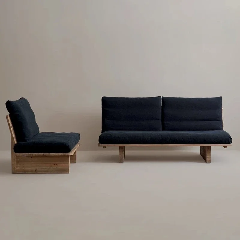 

Old wood homestay solid wood sofa retro old wood black fabric hall room sofa