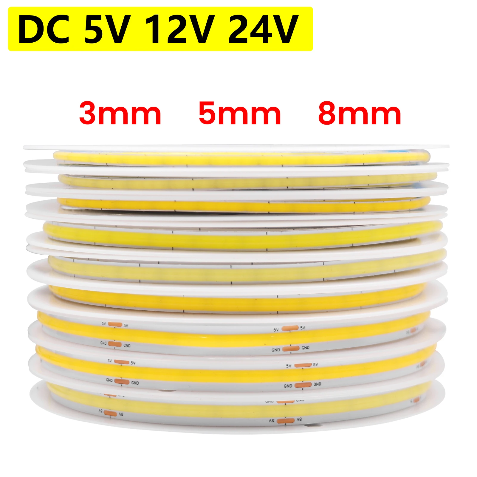 Tira de LED COB DC 5V 12V 24V, 320 384 480 528 LED/m, Alta Densidad, Flexible, Barra de Luz LED COB, PCB de 3MM 5MM 8MM, Luz Lineal