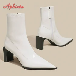 Aphixta stivaletti con tacco alto 7cm bianco nero tinta unita scarpe da donna in pelle verniciata eleganti stivali invernali con cerniera a punta