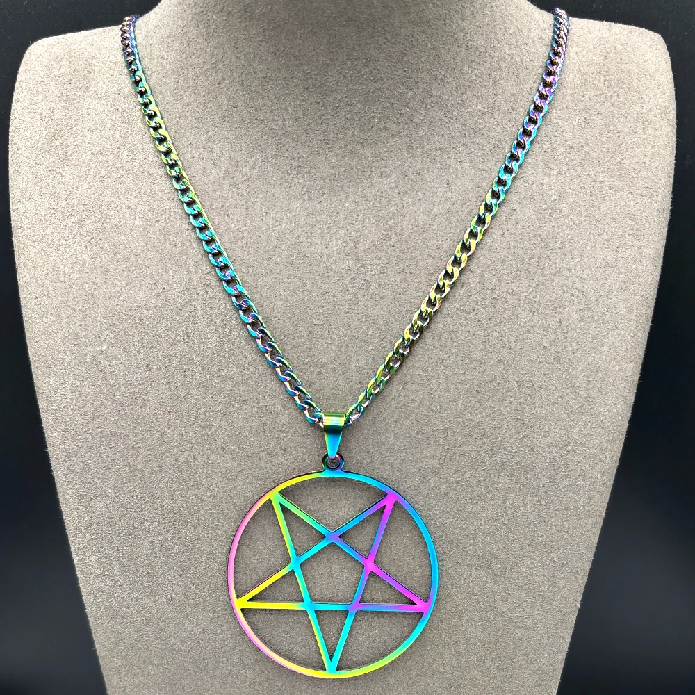 Retro Hexerei Pentagramm Anhänger Halskette für Damen und Herren, Edelstahl Regenbogenfarben Glücksbringer Punk Männerkette Schmuck Geschenk – Detail 6