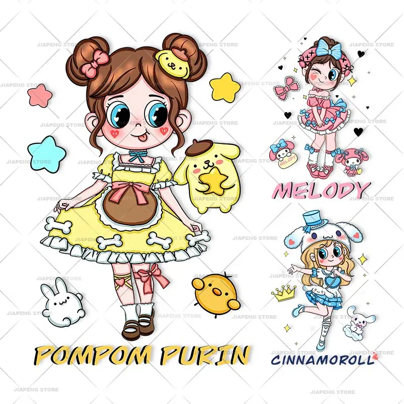 Sanrio Girl Print Heat Transfers Vinyl Sticker For Girls Clothes Purin Hello Kitty Cartoon Melody Ironing Patches On T-shirt DIY