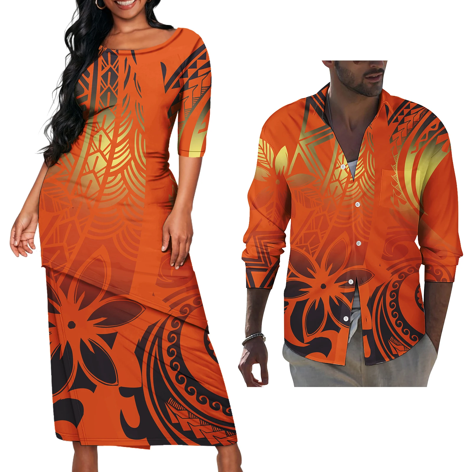 Polynesian Tribal Design Dress And Hawaiian Shirt Traditional Custom Big Size Samoan Puletasi Dresses Casual Women Dress