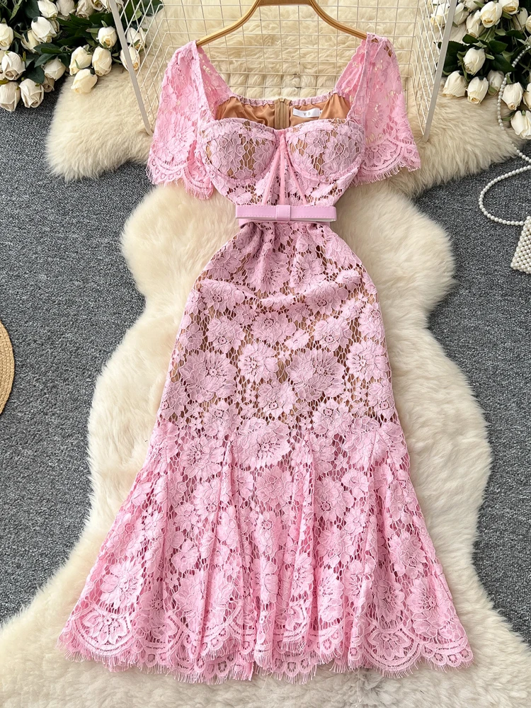 Seksowna elegancka koronkowa sukienka z kwadratowym kołnierzem Bodycon damska 2025 letnie koronkowe sukienki midi z paskiem Slim Luxury Party INKEO 5D135
