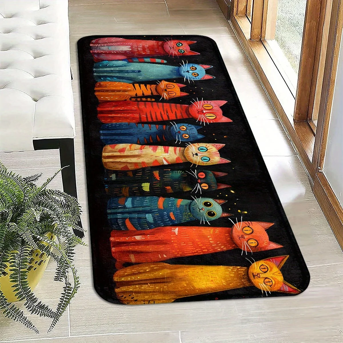 Modern Abstract Cat Kitchen Rug Non Slip Colorful Cartoon Kitten Floor Mat Washable Runner for Hallway Laundry Room Decor Rug