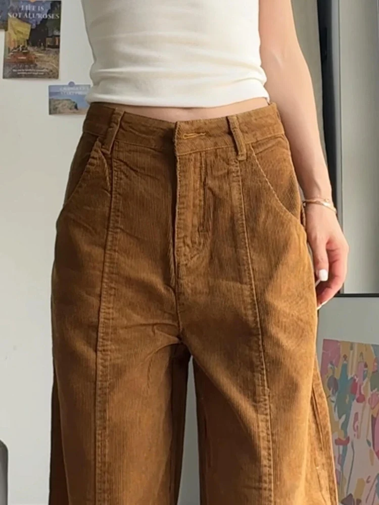 

American Sle Vintage Brown Corduroy Loose Straight Leg Casual Pants Men Women Hiphop Drapey Trousers Lazy Sle Straight Le...
