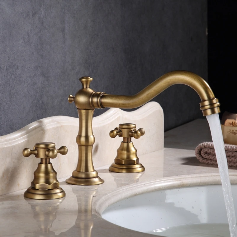 

Widespread Bathroom Sink Faucet 3 Hole Deck Mounted Dual Handle Antique Brass Bathtub Vanity Faucet Basin Hot Cold Water Mixer