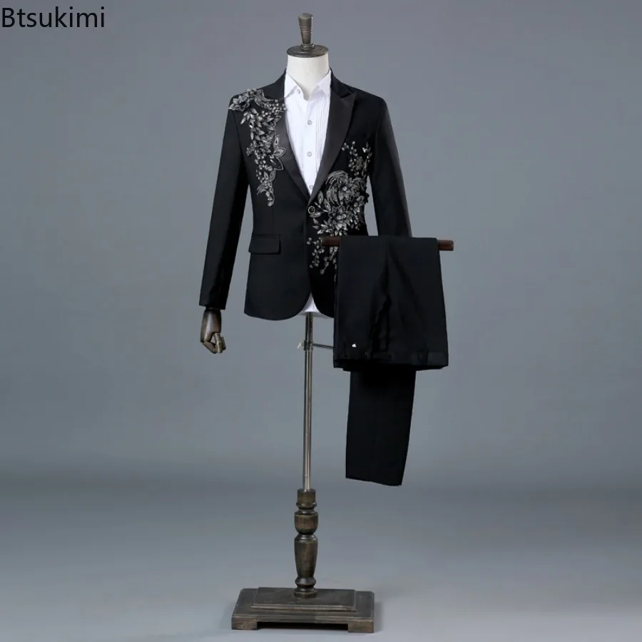Elegant Appliqued Men's Suits Luxury Slim Fit Two Piece Sets Formal Tuxedo Suit and Pants Host Singer Stage Performance Costumes
