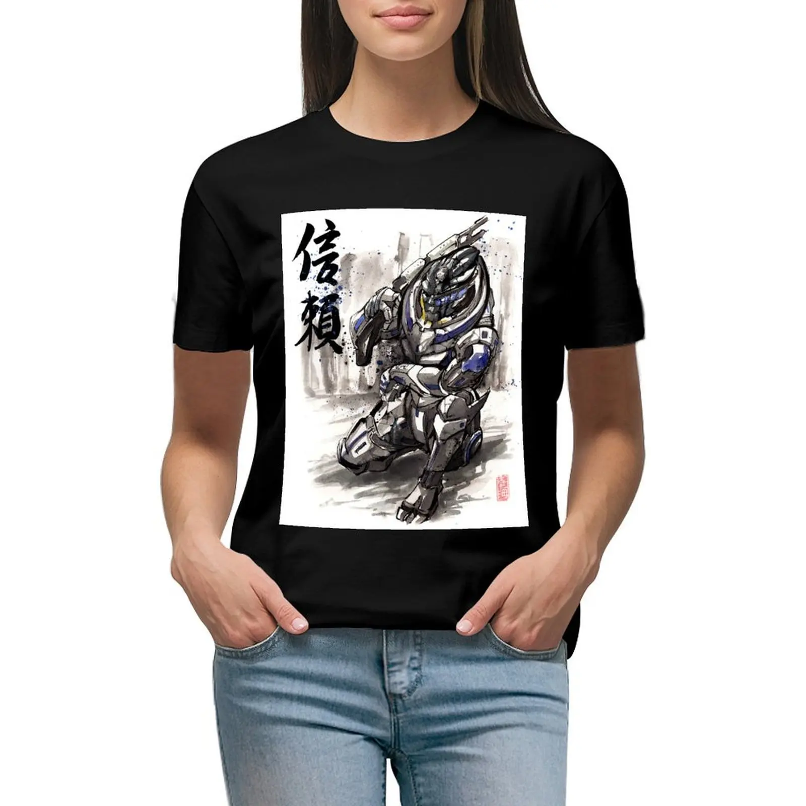 

Mass Effect Garrus Sumie style with Japanese Calligraphy T-Shirt summer clothes customs design your own plus size tops Top Women