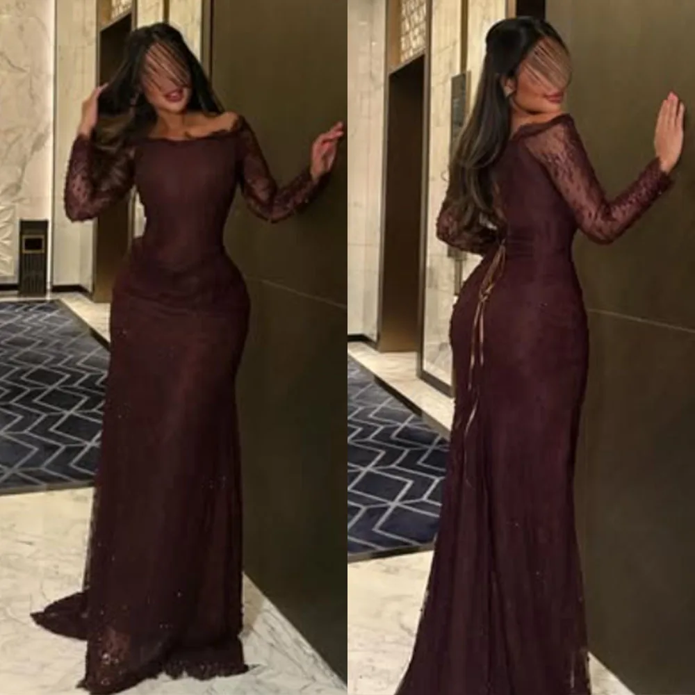 

High Quality Customized Strapless Floor Length Lace Brown A-line Women Full Sleeves Vestidos Elegantes Para Mujer Para Una Boda