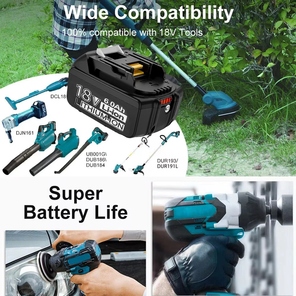 BL1860 For Makita 18V Lithium Battery BL1850 BL1830 Charger Power Tool Rechargeable LED BL1840 Battery Electric Garden Chainsaw