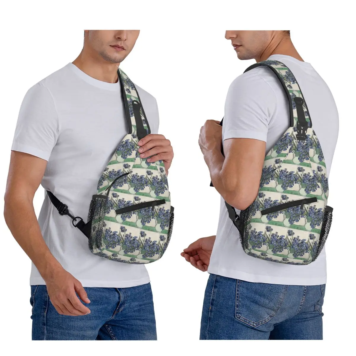 Vincent Van Gogh Irises Art Flowers Chest Bag Men Sling Crossbody Backpack Chest Bag Traveling Hiking Daypack Shoulder Bag
