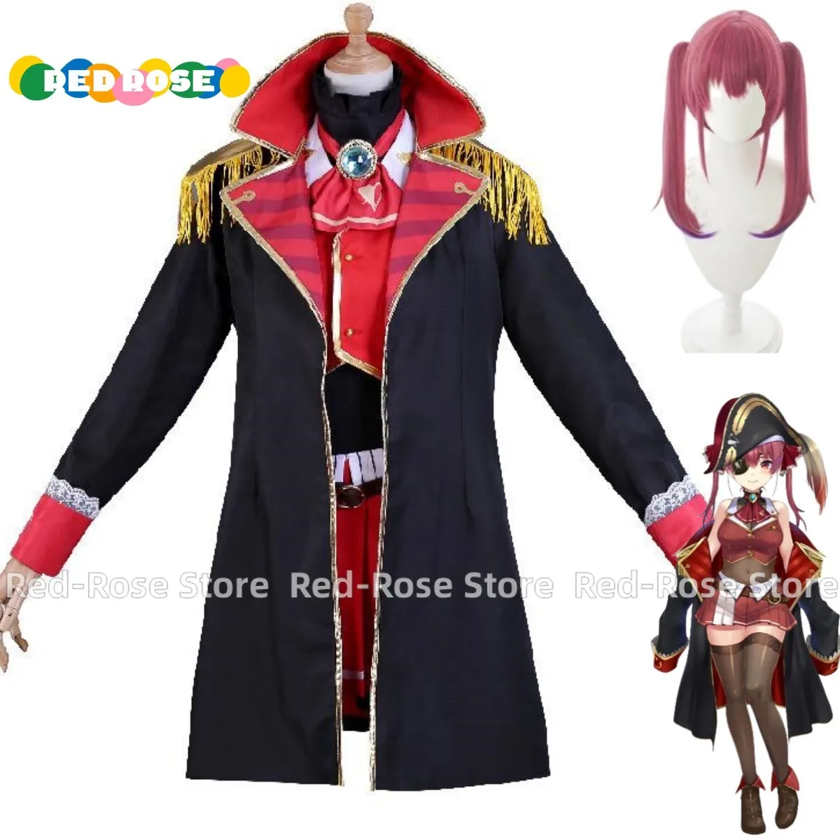 

Anime Game Virtual Idol Houshou Marine Cosplay Costume Wig Black Windbreaker Coat Uniform Woman Sexy Kawaii Birthday Party Suit