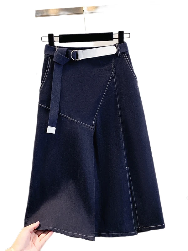 

High Waist A-Line Midi Skirt with Belt Vintage Sle Commute Design Women's Jeans Skirt Mid-Length Casual Loose Fit Summer 2025
