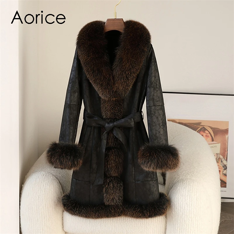 Aorice Winter Long Rabbit Fur Linging Coat Jacket Female Fox Fur Collar Coats Lady Over Size Parka Trench CT275