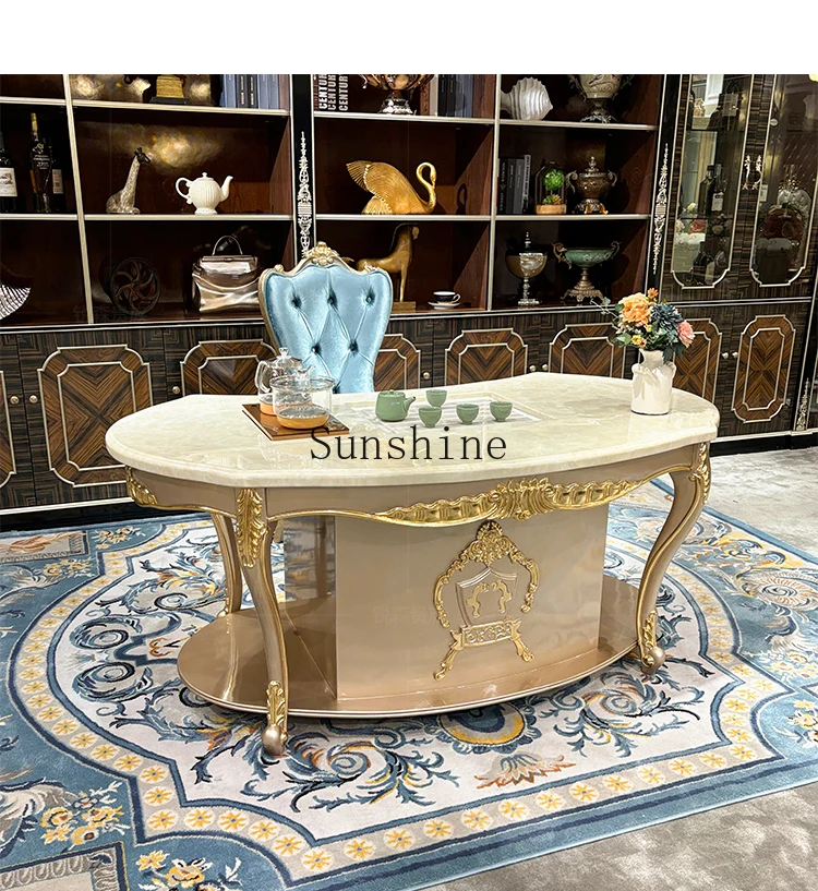 European solid wood champagne carved marble tea table with drawers